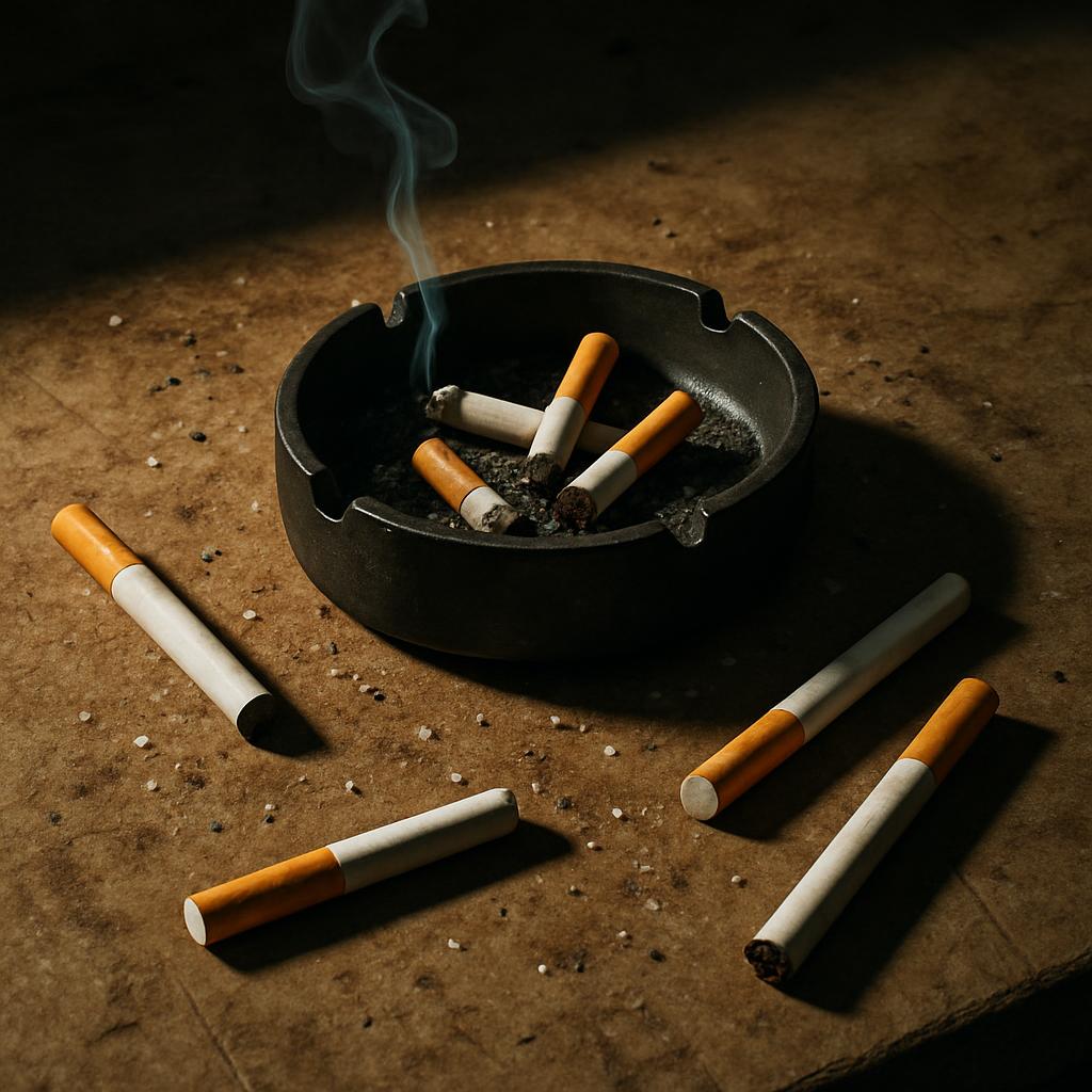The image depicts a smoldering ashtray with a few cigarettes and several lone cigarette sticks on a dirty ground.