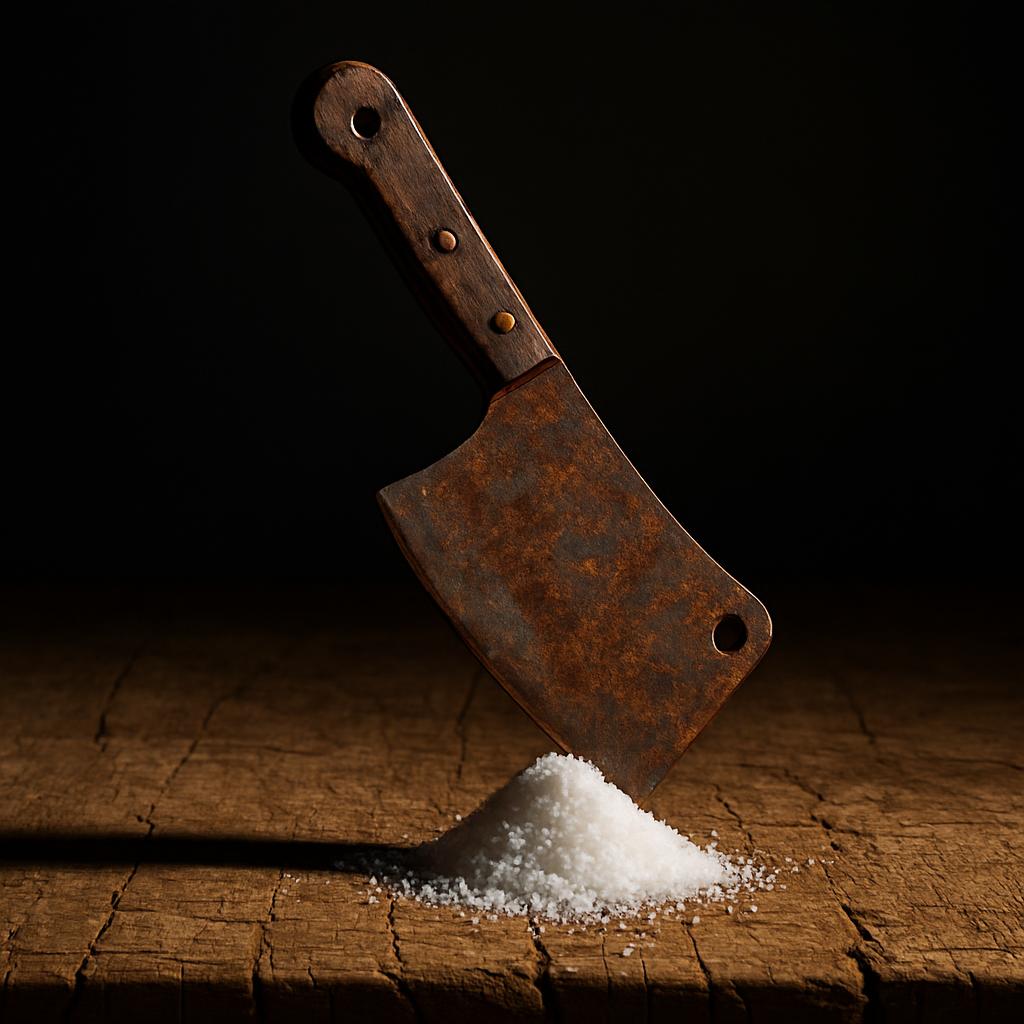 A rusty meat cleaver stuck in a pile of salt with the blade resting on a wooden surface. The background is black.