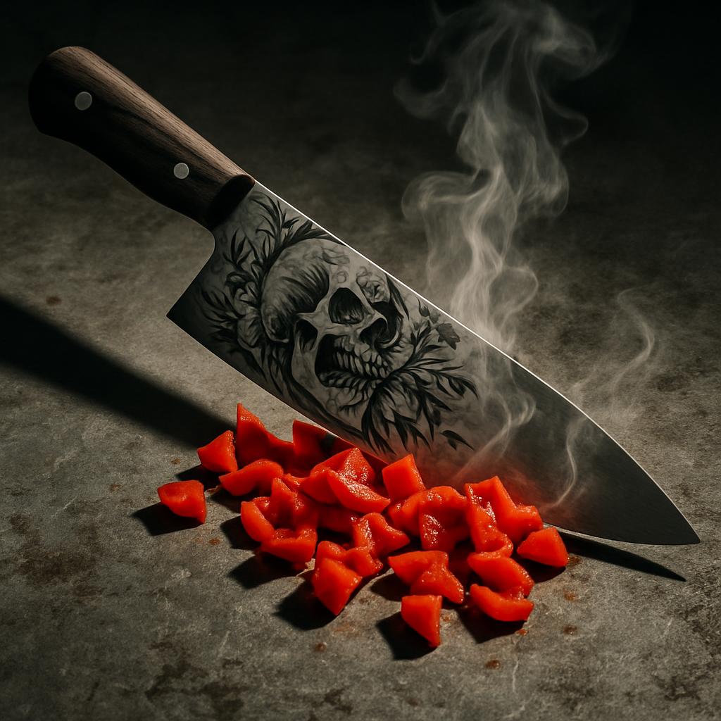 A kitchen knife with a skull design and a pile of chopped red peppers, accompanied by steam emanating from its blade.