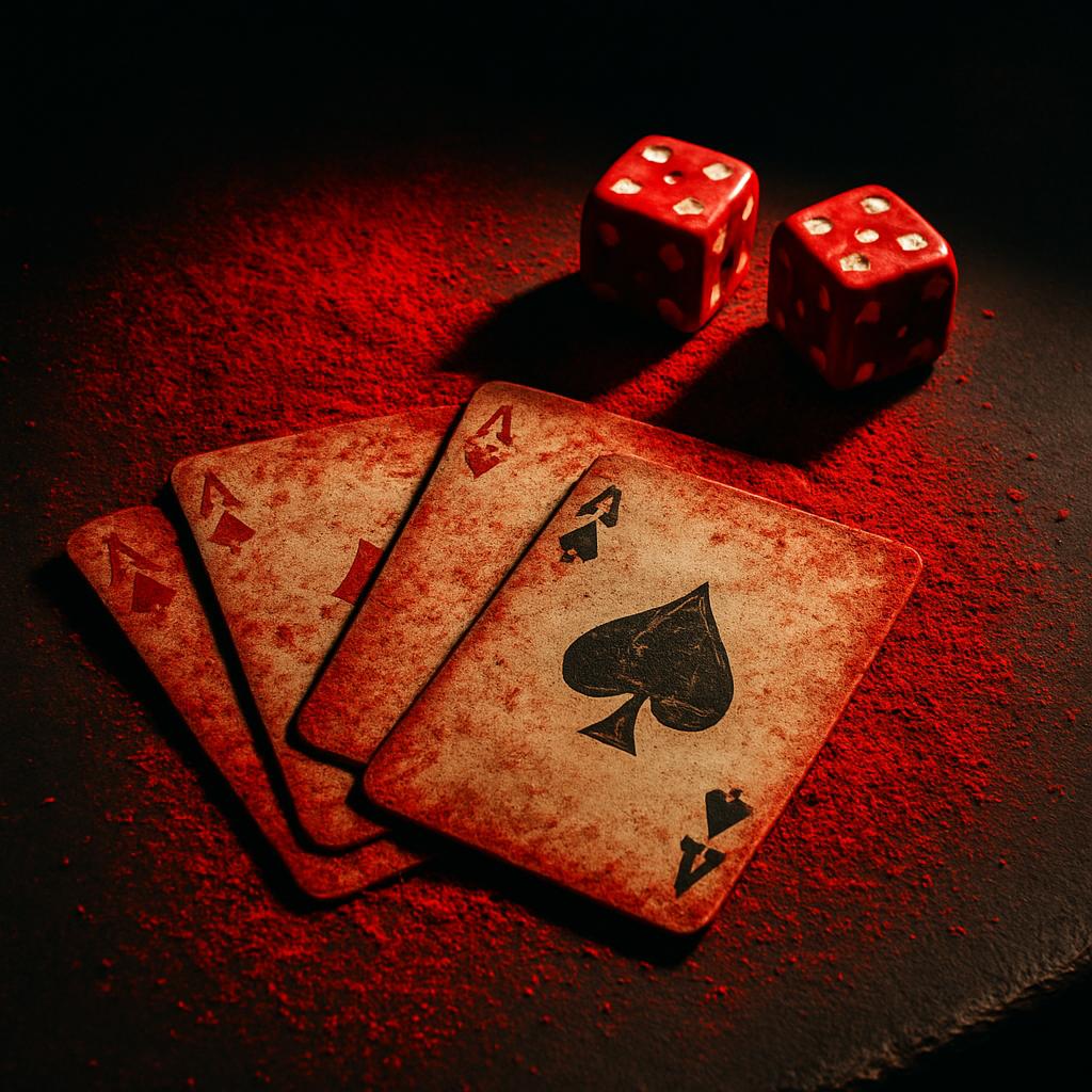 Hand of three or four burnt playing cards, with a pair of red dice to the right, all displayed on a red, textured surface,...