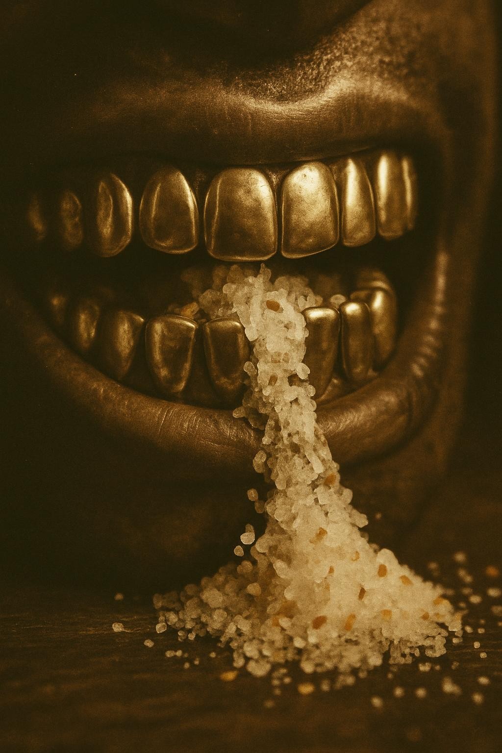 Add a vintage tint effect to this image of a close up of gold teeth chewing on seasoning salt. Preserve the original subject and style, just apply a vintage filter/tint.